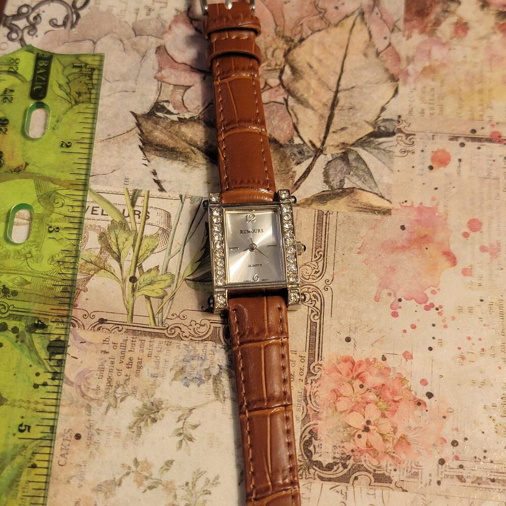 Vintage Watches Rumours Rectangular Crystal Bezel Japan Quartz Brown Strap
